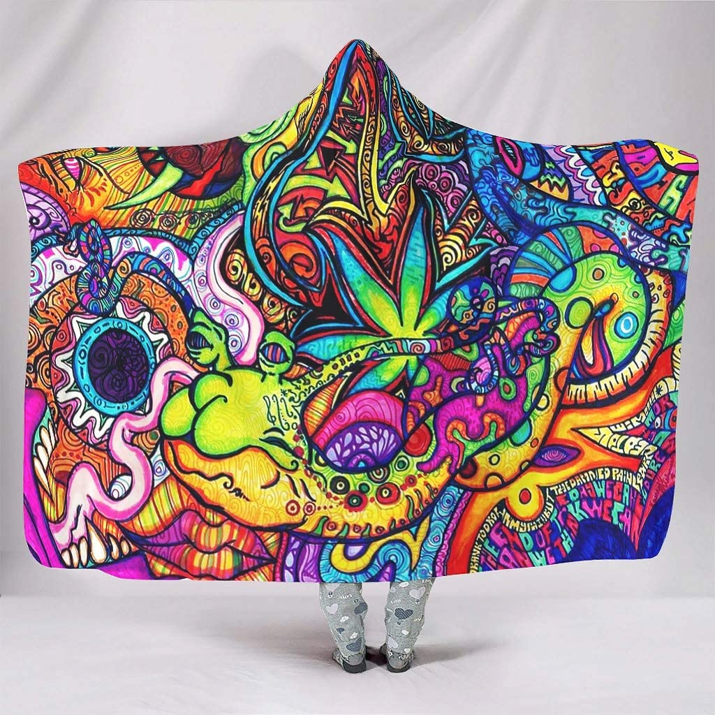 Sherpa Hoodie Fleece - Abstract Bright Trippy Rainbow Hooded Blankets